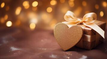 AI generated Closeup luxury golden heart giftbox on velvet fabric, paper card closed copyspace bokeh star glitter background photo