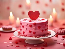 ai generado san valentin postres, de cerca disparo, Boda pastel en mesa decorado con san valentin ornamento, rosa, suave rojo, panadería, adorable detalles, limpiar ligero fondo, decorado para san valentin foto