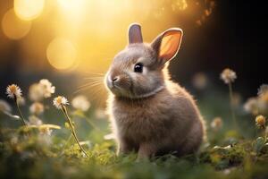 ai generado un marrón linda Conejo conejito sentado en el jardín contento Pascua de Resurrección con borroso bokeh antecedentes puesta de sol primavera temporada foto