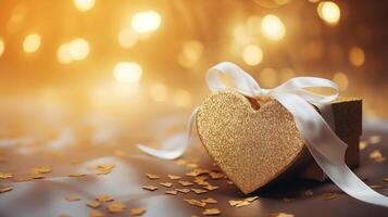 AI generated Closeup luxury golden heart giftbox on velvet fabric, paper card closed copyspace bokeh star glitter background photo