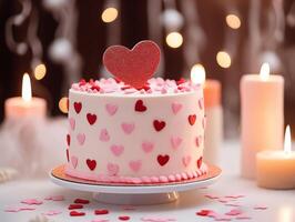 ai generado san valentin postres, de cerca disparo, Boda pastel en mesa decorado con san valentin ornamento, rosa, suave rojo, panadería, adorable detalles, limpiar ligero fondo, decorado para san valentin foto