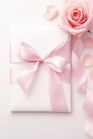 AI generated Happy Valentine day pastel white gift box with pink roses and pink ribbon photo