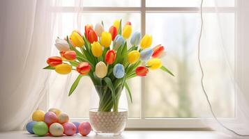 ai generado contento Pascua de Resurrección. ramo de flores de tulipán en el claro vaso florero con vistoso Pascua de Resurrección huevos cerca ventana foto