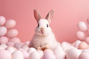 AI generated Happy easter Cute white bunny sitting with easter eggs with pastel pink background photo