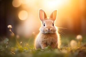 AI generated A brown cute Rabbit bunny sitting in the garden Happy easter with blurred bokeh background sunset spring season photo