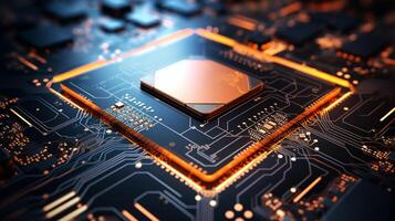 AI generated closeup of an advanced GPU ram microchip or cpu of a powerful computer board for artificial intelligence technology photo