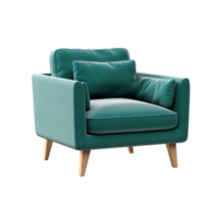 AI generated Teal Sofa Chair. Scandinavian modern minimalist style. Transparent background, isolated image. png