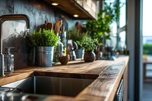 AI generated Kitchen room interior design, wooden furniture, sink counter. photo