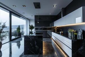 ai generado interior moderno lujo cocina habitación. diseño negro y blanco decoración. foto