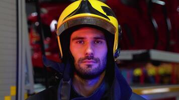 Portrait of tired fireman at fire station video