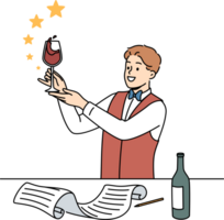 Man sommelier holds glass red wine and evaluates taste of noble alcoholic drink standing near table with bottle and sheet of paper. Guy studying at sommelier school wanting to get job in restaurant png
