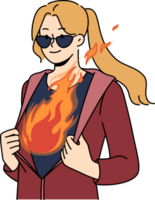 inspiriert Frau mit Flamme im Brust aufknöpft Jacke demonstrieren Ambition und Verlangen zu leisten Ziele. cool Mädchen im Sonnenbrille, bereit zu zeigen Ambition und Komplett Komplex Geschäft Aufgaben png