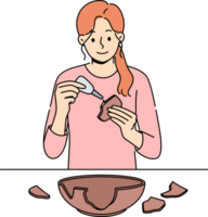 Woman seals broken clay plate to hide carelessness or demonstrate conscious consumption. Girl archaeologist with smile uses glue restoring clay dishes found at excavations for display in museum. png