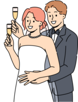 Jungvermählten Mann und Frau Stand im Umarmung und halt Brille von Champagner während Hochzeit Zeremonie. zwei Jungvermählten Hör mal zu zu Herzliche Glückwünsche von Gäste von festlich Veranstaltung im Ehre von Engagement png