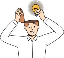 Man genius with new idea takes light bulb out of head after brainstorming and searching for opportunities to achieve success. Creative guy comes up with idea for marketing campaign for company png