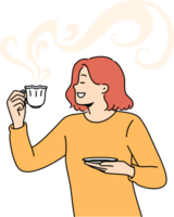 kvinna drycker aromatisk kaffe från skön råna och ler njuter smak av varm dryck. flicka förälskelser kaffe eller te, som tillåter till refresh själv och få styrka innan hård dag på arbete. png