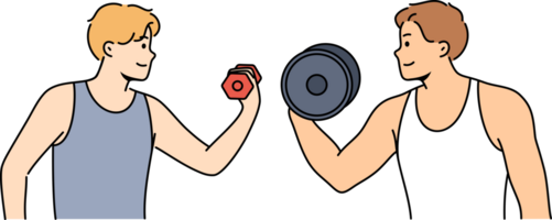 Sports competition between men lifting dumbbells with different weights or fitness mentoring in gym. Professional fitness trainer motivates student to engage in sports or bodybuilding png