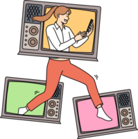 Woman with televisions holds phone showing love for watching online videos in mobile applications. Girl runs with televisions on body and dreams becoming star and participating in filming of TV show. png