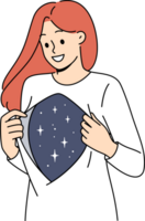 Woman shows depth of soul and inner world with smile, showing stars under shirt. Concept of caring for your own soul and inner harmony achieved through meditation or getting rid of stress png