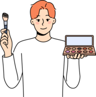 Non-binary man applies makeup and skin shadow, holding mirror and brush to apply powder. Non-binary guy uses cosmetics, wanting to become like girl, for concept of gender identity and tolerance png