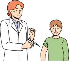 Boy suffers vaccine phobia and is crying standing near woman doctor holding syringe with injection in hands. Nurse hesitates to inject vaccine into young patient who is throwing tantrum. png