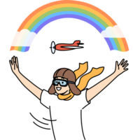 Boy in aviator hat dreams of becoming pilot and working as aviator, standing with hands spread out near rainbow in sky. Child pilot enjoys fantasies about future career in airline industry. png