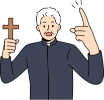 Angry priest with wooden christian cross in hand shouts, urging people to think about approaching day of judgment. Man priest with symbol of catholic church swears to drive out evil spirit png