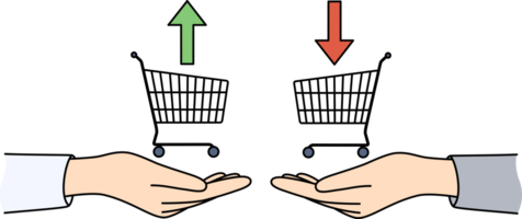 Traders hands with consumer baskets and up or down arrows symbolize buying and selling bonds in stock market. Traders make profitable transactions to obtain investment profits from speculative actions png