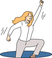 Ambitious business woman jumps out of hole in ground with hand raised up, wanting to achieve success. Ambitious businesswoman in pose superhero ready to help colleagues in solving corporate problems png