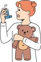 Little girl with asthma uses inhaler to restore breathing during attack and holds teddy bear in hands. Child is experiencing problems due to asthma or allergic reaction and needs to be seen by doctor png