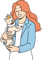 Woman holds small dog wearing crown in arms and smiles enjoying guardianship over puppy. Happy girl loves animals rejoices in presence of purebred dog and looks at screen with smile png