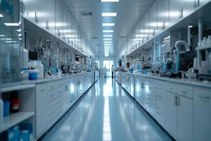 AI generated Spacious Modern Laboratory with Advanced EquipmentWide angle view of a clean and well-equipped modern laboratory interior with scientists conducting research. photo