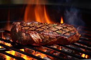 AI generated Closeup grilling barbecue steak on flaming. Cooking and food. photo