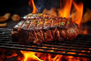 AI generated Closeup grilling barbecue steak on flaming. Cooking and food. photo