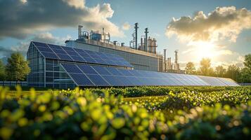 ai generado solar energía paneles en el primer plano con un tradicional industrial planta y chimeneas en el fondo, representando un contraste en energía producción. foto