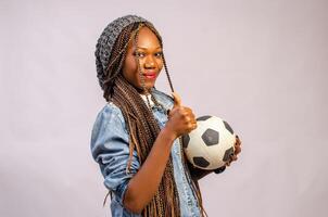 pretty Joyful positive lady supporting football team, sport betting, active life, age concept photo