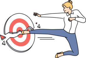 Business woman kicks target showing strength and ambition to achieve goals and complete task. Businesswoman strives for success and breaks obstacles that prevent from achieving goals on career path png