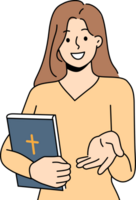 credente donna con Bibbia presta porzione mano o invita loro per cristiano beneficenza organizzazione png