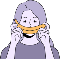 Woman with fake banana smile experiencing frustration and melancholy caused by problem in relationship with boyfriend. Girl holds tropical fruit, wanting to hide frustration associated with losing job png