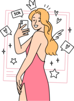 Frau Foto Modell- nimmt Selfie im Cocktail Kleid, Stehen unter Bewertung Symbole von Sozial Netzwerke. Mädchen Influencer lächelt und nimmt Selfie auf Handy, Mobiltelefon Telefon Kamera zum Benutzerbild auf Dating Seite? ˅ png