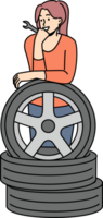 Woman auto mechanic prepares to replace car wheels during vehicle maintenance or repair. Happy girl auto mechanic with wrench in hands leans on tires, rejoicing at possibility replacing them on own png