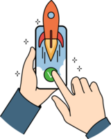 Hands with phone with rocket symbolizing fast internet and high-quality network for using mobile apps. Smartphone with high-speed internet for surfing websites and watching videos on video hosting png