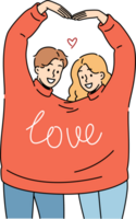 Couple in love wearing same sweater together makes heart shape from hands, showing sympathy and passion. Guy and girl with inscription love on clothes congratulate you on valentine day png