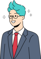 Businessman with funny hairstyle smiling posing in formal suit with tie and bright colored hair. Stylish young businessman stands out among office employees working in corporate field png