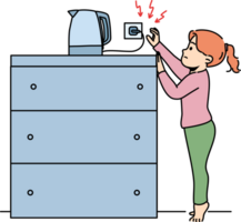 Little girl reaches for socket of electric kettle, risking being burned by hot water or getting electric shock. Child violates safety regulations by touching live electrical appliances. png