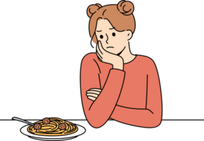 femme expériences manquer de de appétit et Malheureusement regards à assiette de spaghetti dû à psychologique problèmes et boulimie. fille souffre de pauvres appétit provoquant digestif troubles et boulimie. png