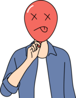 upprörd man med uppblåst ballong i främre av ansikte behov hjälp av psykolog. upprörd kille lidande från melankoli och frustration på grund av till social tryck eller brist av självförverkligande. png