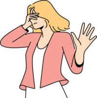 Woman closes eyes and makes stop gesture, expressing dissatisfaction or disagreement with what is happening. Sad girl does not want to see offender and calls to stop, blocking path with hand png