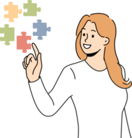 Confident woman doing brainstorming touching with finger flying puzzles symbolizing business task that requires solution. Girl with smile solves complex business problem on behalf of manager. png