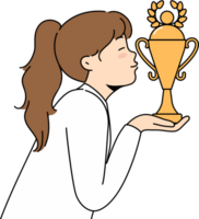 Little girl leader kisses golden cup won in school olympiad or sports competition png